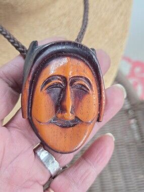 Vintage Signed Korean Hand-Carved Hahoe Mask Pendant Necklace